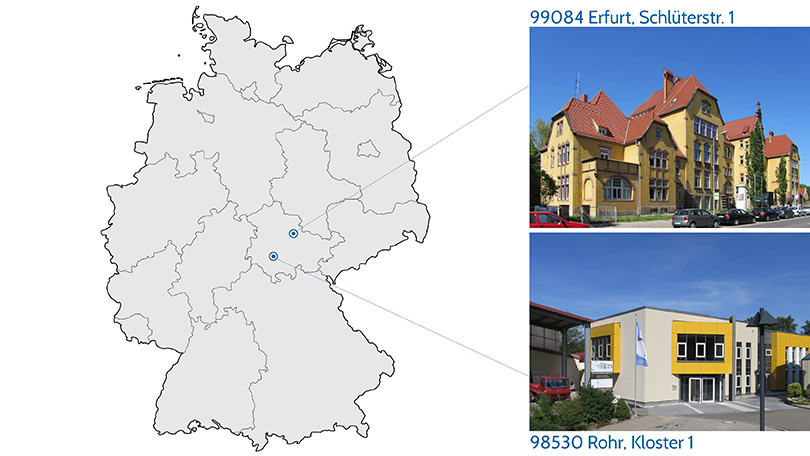 Hier sind die Standorte der Veranstaltungsstätten der Seminare gezeigt. Sowohl an der FH Erfurt als auch im Rohr-Kloster finden die Kurse statt.
